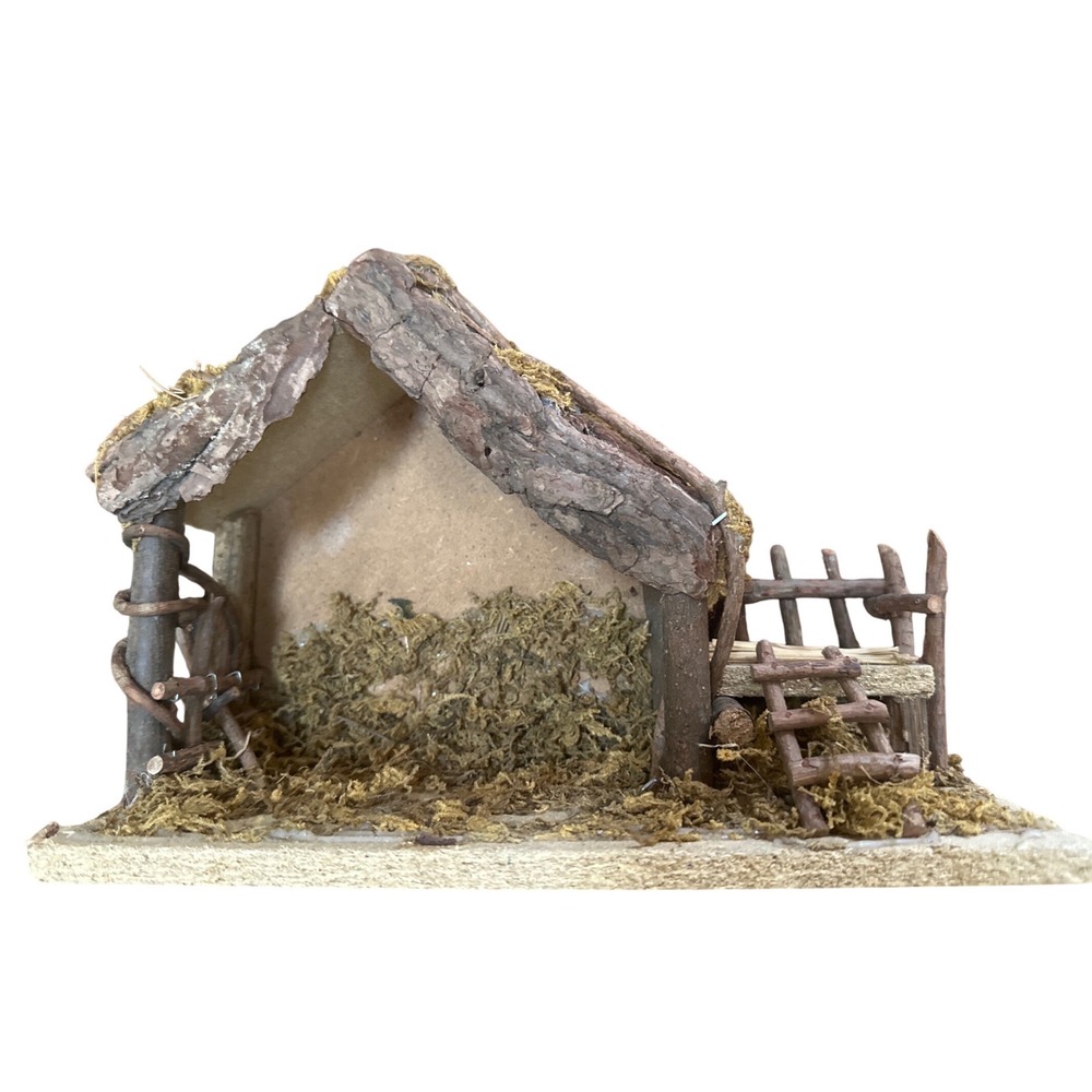 Vintage Nativity Wooden Stable Manger Creche Rustic Christmas 10" bark roof